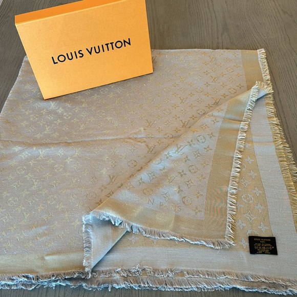 Louis Vuitton Accessories - Authentic Louis Vuitton Monogram Shine Shawl Greige Silk *Flaws